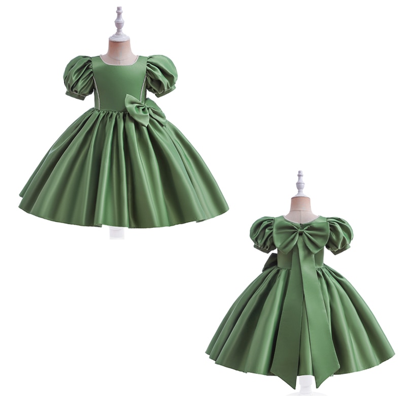 Retro Bubble Sleeve Girls' Princess Skirt French Short-sleeved Holiday Party Dress 4-10Y Kid's Clothing Bownot Evening