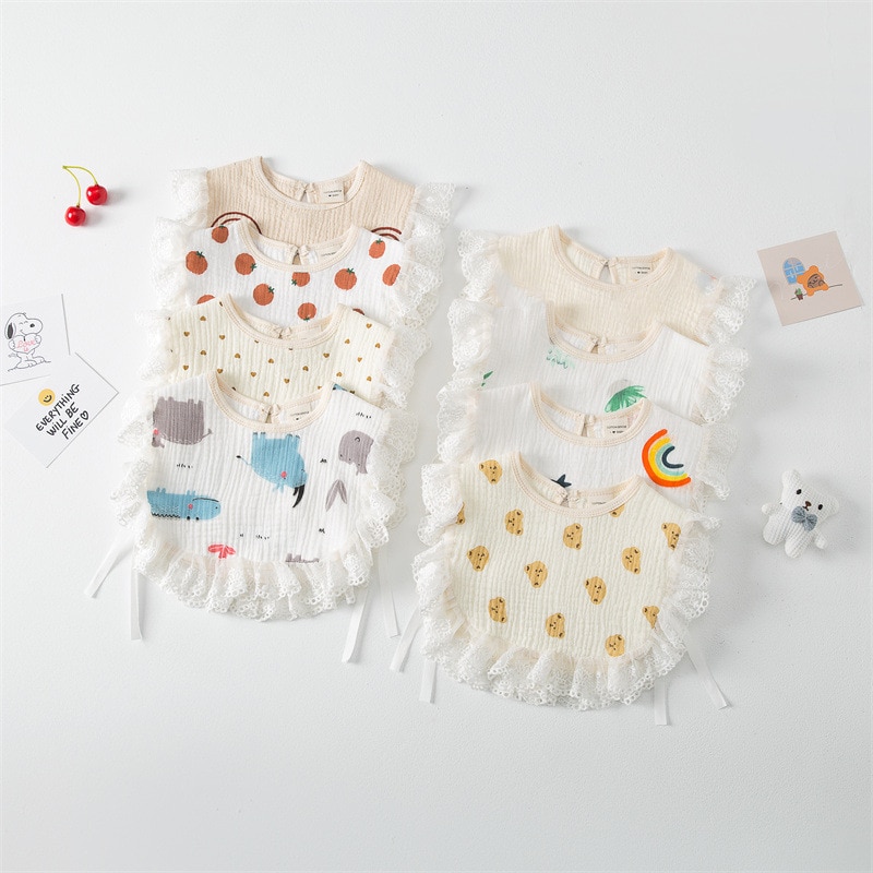 2pcs/lot Baby Cotton Bib Crepe Ruffled Bib Saliva Towel Bandana Burp Cloth Girls Babies Accessories Newborn Absorbent Cloth Bib