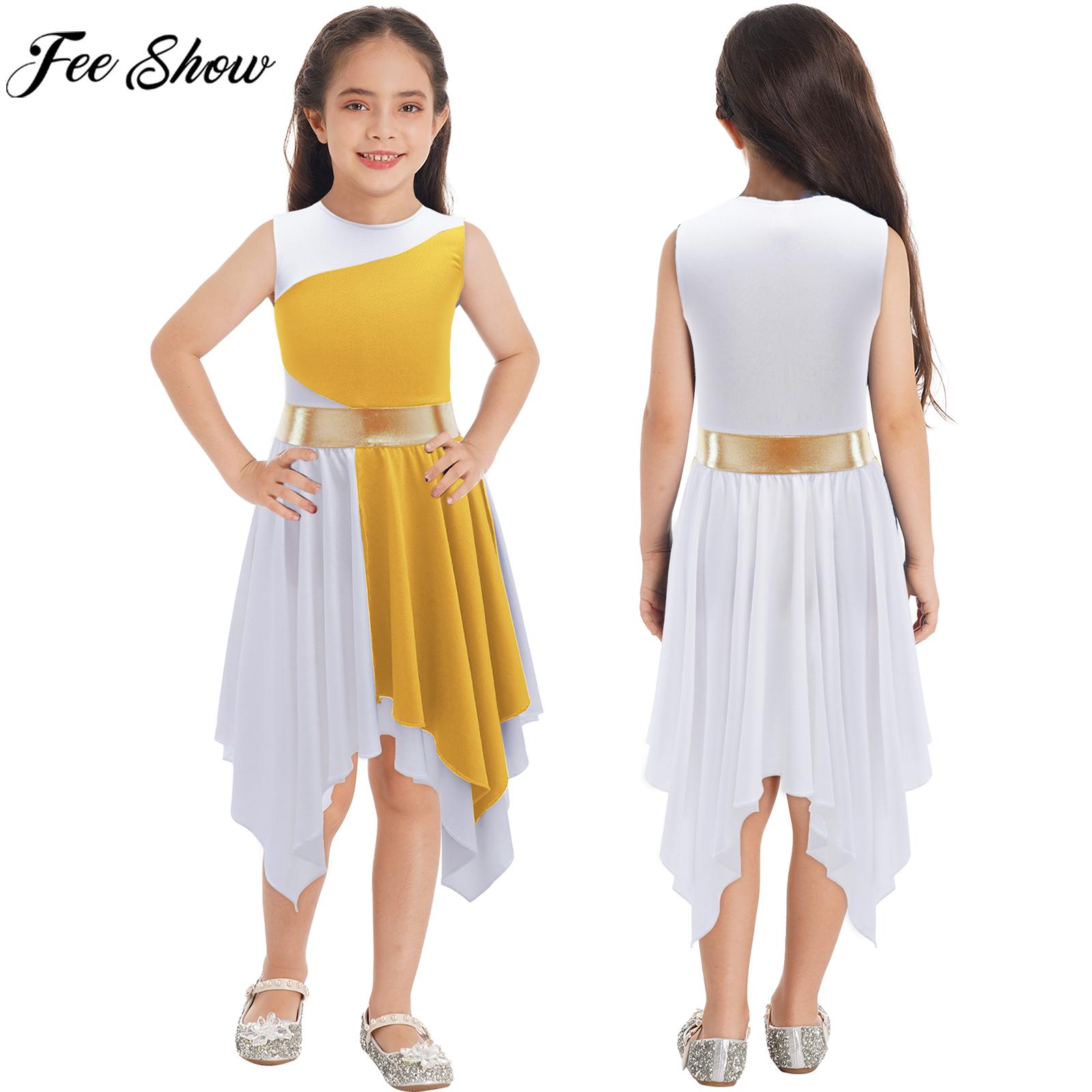 6-16Y Kids Girls Contemporary Praise Lyrical Dance Dress Church Choir Clothes Sleeveless Asymmetrical Hem Ballroom Waltz Dresses