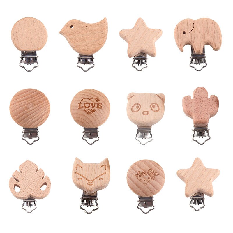 2Pcs/Lot Food Grade Beech Wooden Clip Animal Heart Shape Dummy Clip for Baby Teething Pacifier Chain Holder DIY Accesories