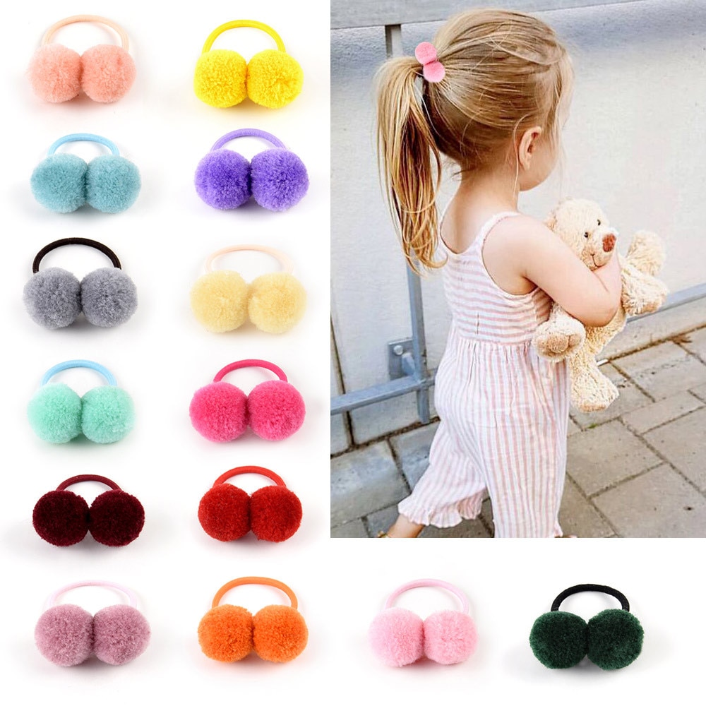 Cute Kids Girls Boutique Hairbands Solid Double Hairball with Elastic Hair Band Ponytail Hair Rope Hair Accessories