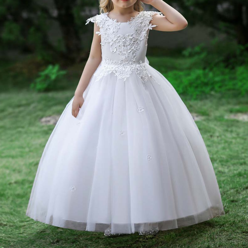 Formal Short Sleeved Lace Girl Princess Skirt Big Bow Children Wedding Dress 2023 Summer Birthday Party Evening Kids Costume