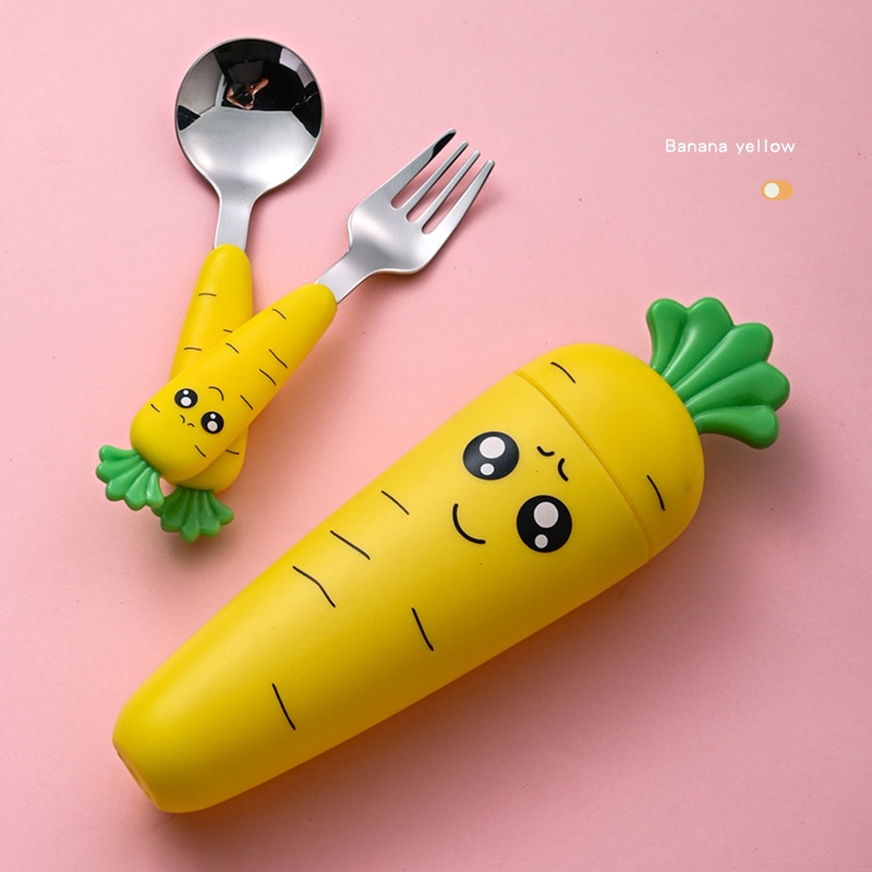Kitchen Supplies Children Carrots Tableware Set 3PCS Stainless Steel Spoon Fork Flatware with Box Kids Dinnerware Baby Feeding