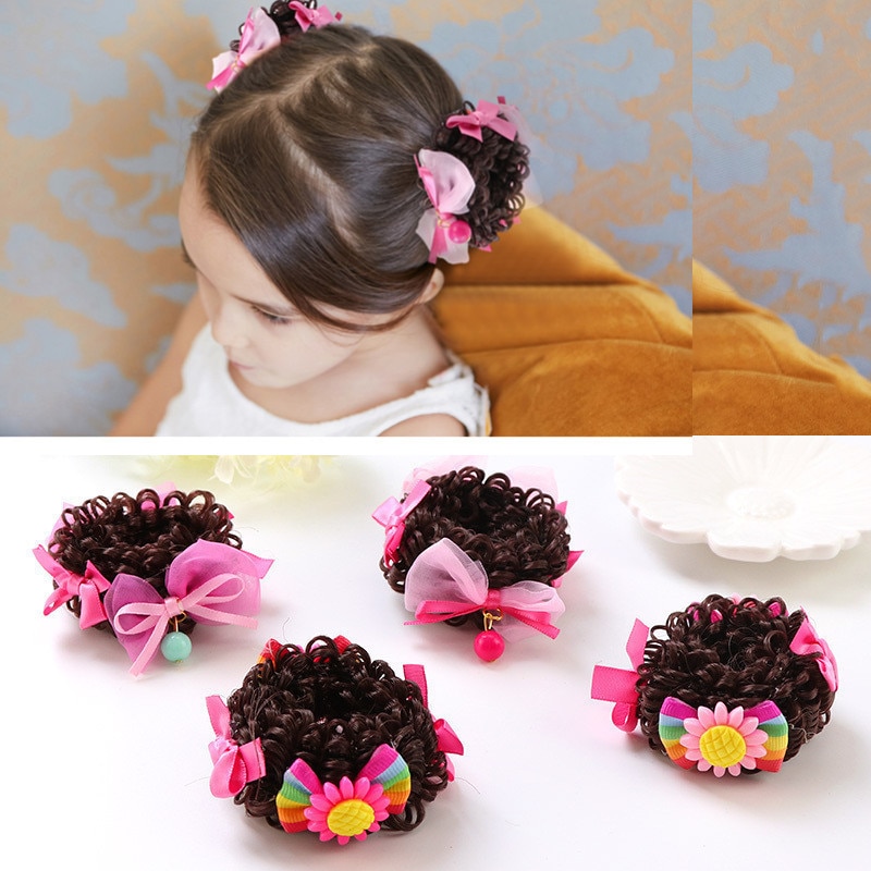 2Pcs/Set Girls Cute Cartoon Flower Bow Elastic Hair Bands Wig Children Lovely Scrunchies Rubber Bands Kid Hair Accessories