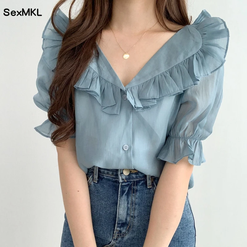 Summer Puff Sleeve Ladies Tops 2023 Vintage V Neck See Through Ruffles Blusa Mujer Korean Casual