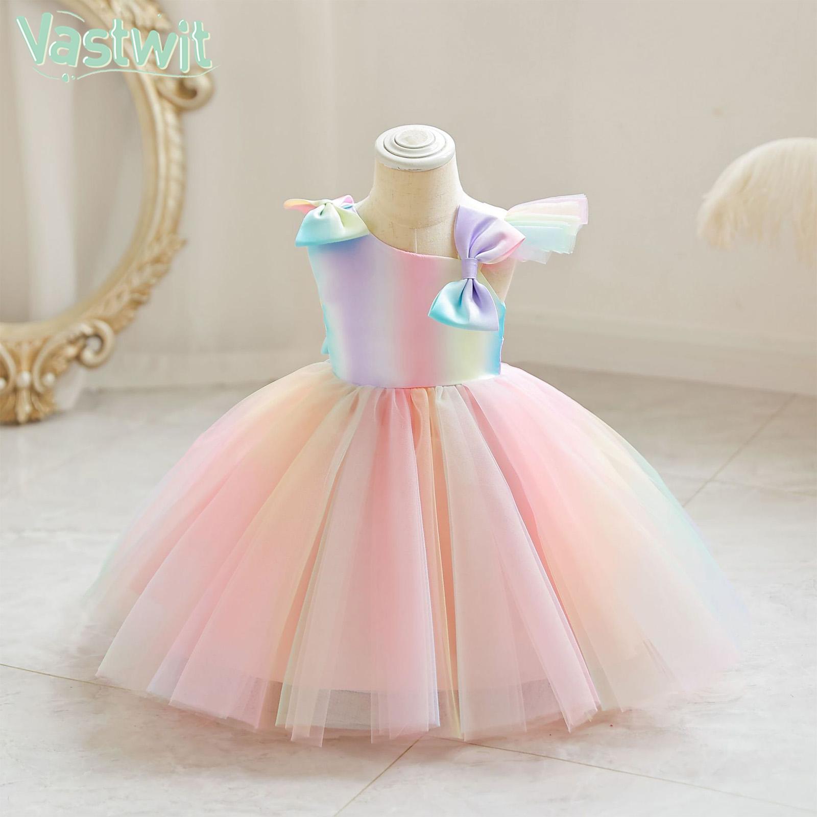 Baby Cute Rainbow Tutu Princess Dress Wedding Flower Girl Dress Sleeveless Bowknot Ruffle Tulle Baptism Birthday Prom Party Gown