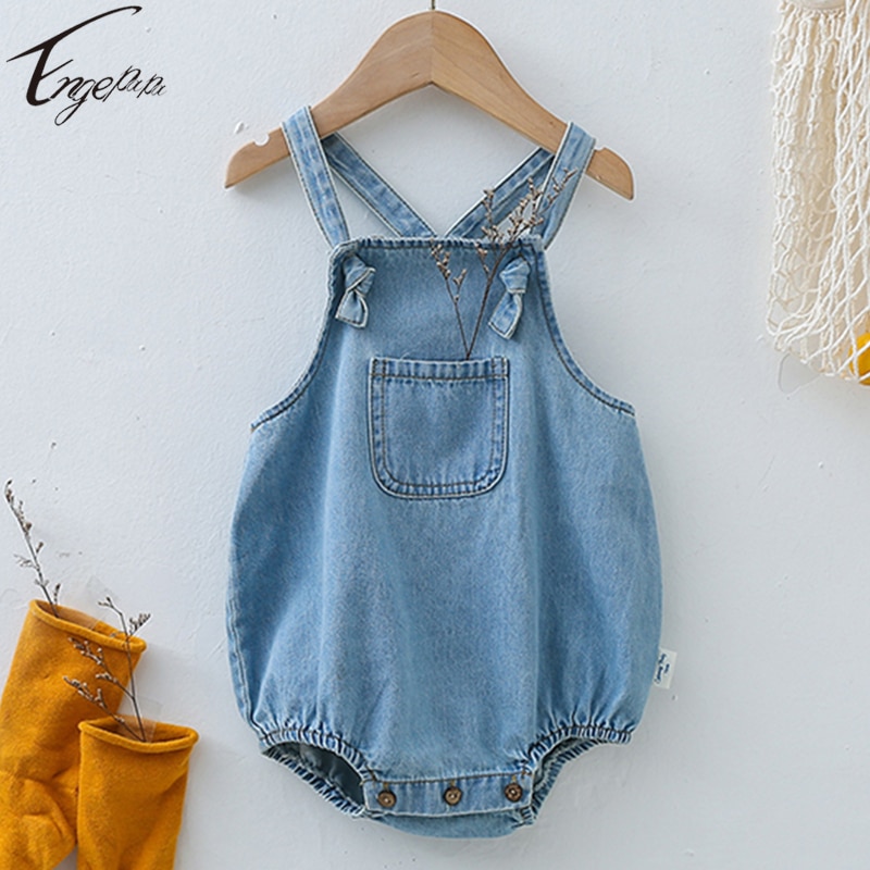 2023 Summer Baby Boys Girls Solid Color Romper Sleeveless Baby Denim Jumpsuit Pocket Bodysuit Toddler Baby Boys Cowboy Romper