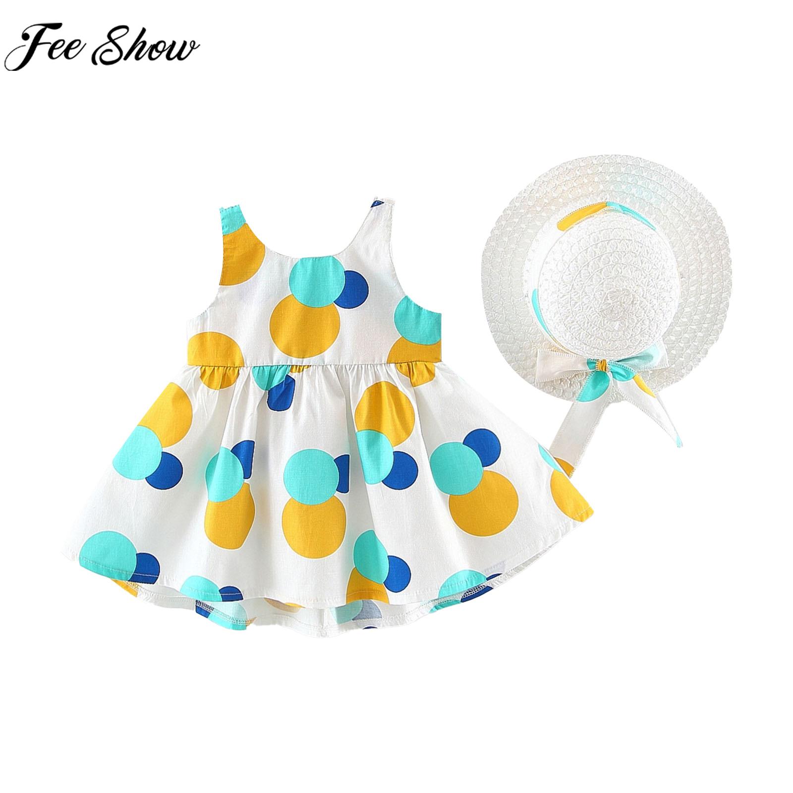 Toddler Girls Countryside Sundress Sleeveless Cute Tutu Princess Dress with Straw Hat for Beach Holiday Daily Birthday Party