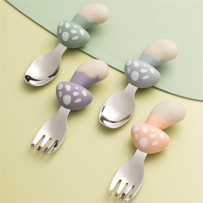 Baby Food Supplement Artifact Tableware Set Non-slip Handle Cute Baby Training Predator Fork Spoon Food Grade Mushroom