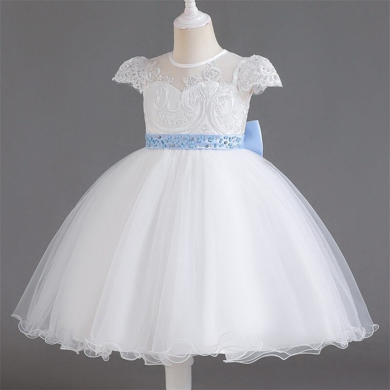 Girls Lace Party Dress Bow Embroidery Vintage Princess Dress Formal Evening Ceremony Tutu Ball Gown Kids Wedding Banquet Gala 6Y
