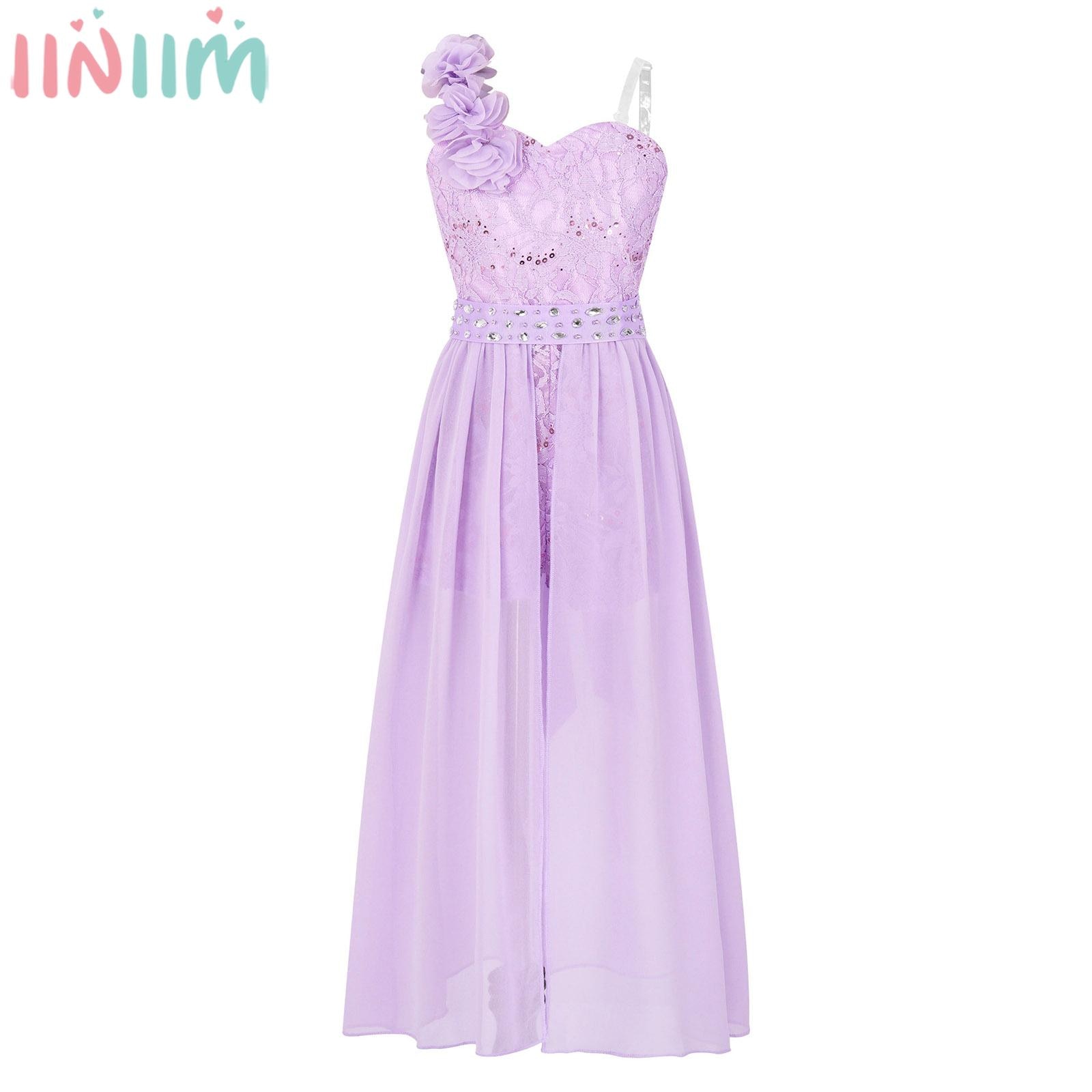 Kids Girls Elegant Beaded Applique Party Dress Shiny Sequin Lace Chiffon Jumpsuit Dress for Wedding Birthday Prom Stage Pageant
