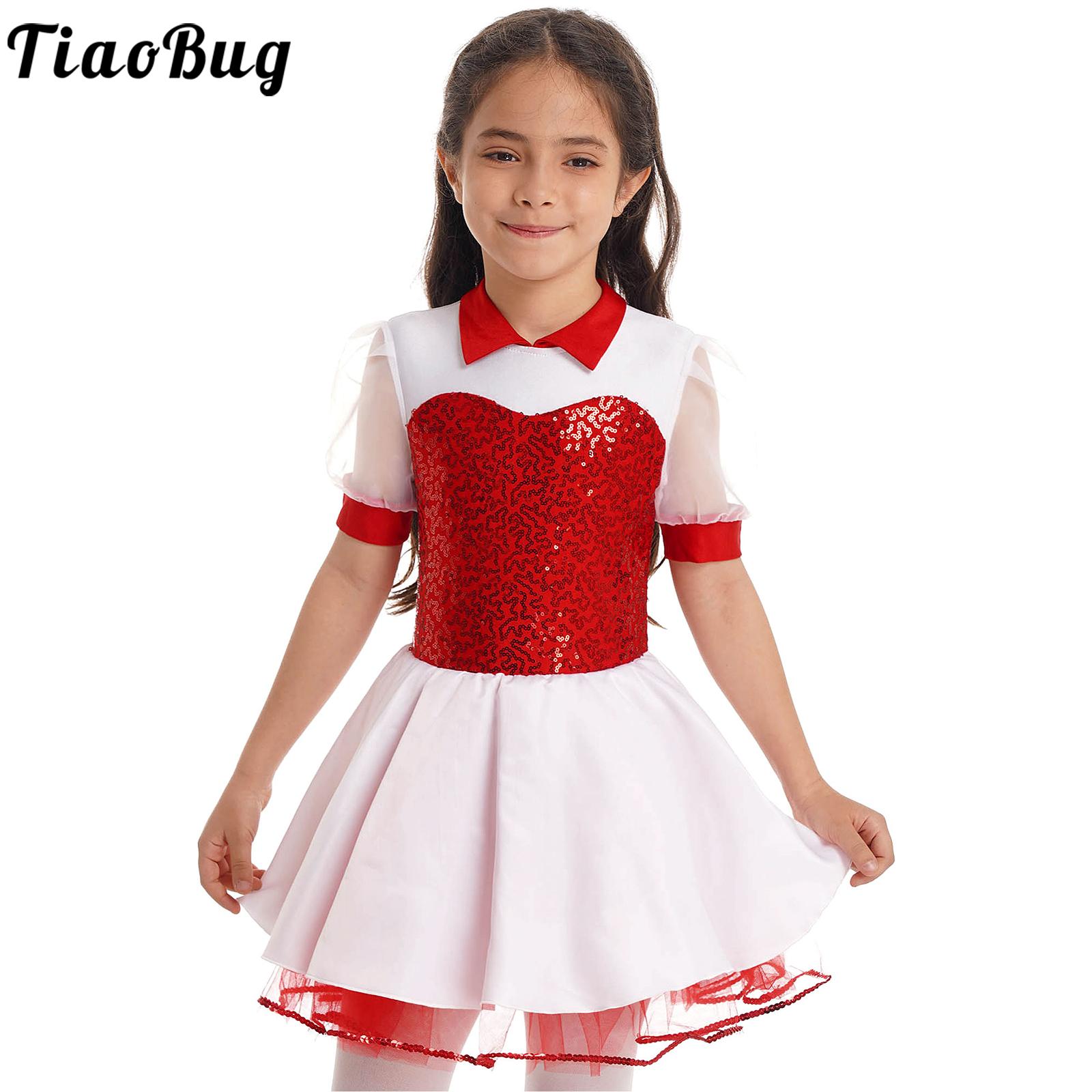 Kids Girls Nurse Costume Halloween Carnival Cosplay Themed Party Performance Short Bubble Sleeve Glitter Sequins Mesh Dress
