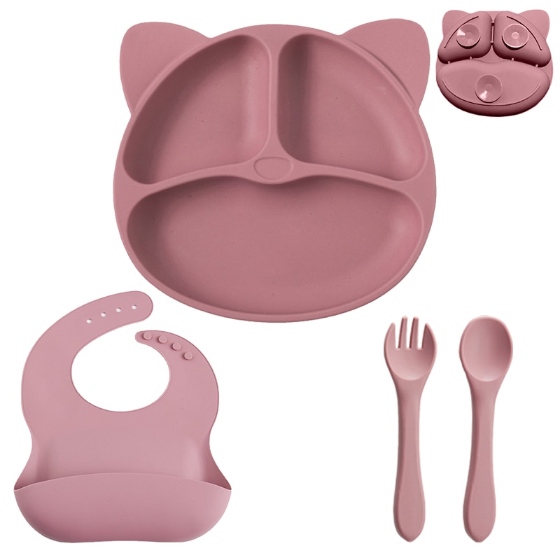 4/3PC Silicone Baby Tableware Set Children's Dishes Baby Sucker Bowl Baby Dinning Plate Waterproof Bibs Baby Silicone Spoon