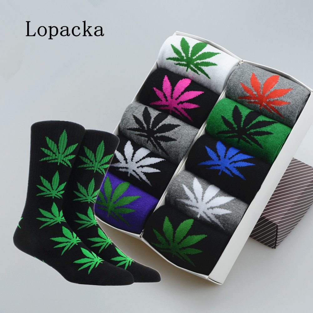 5 Pairs/Set Gift Box 37 - 44 Unisex Men's Funny Skateboard Cotton Socks White Black Meias Long Male Happy Maple Leaf Weed G