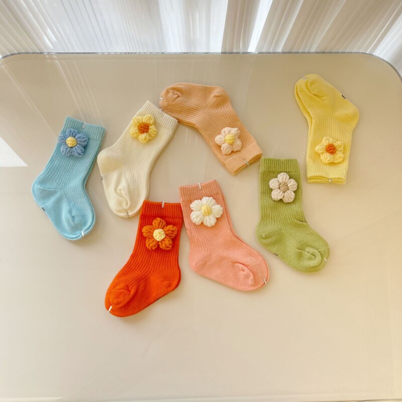 Kids Girl Calf Sock Cute Floral Sock for Toddler Girls Korean Fashion Child Girl Sock Cotton Doll Flowers Sock for 0-6 Year Kids