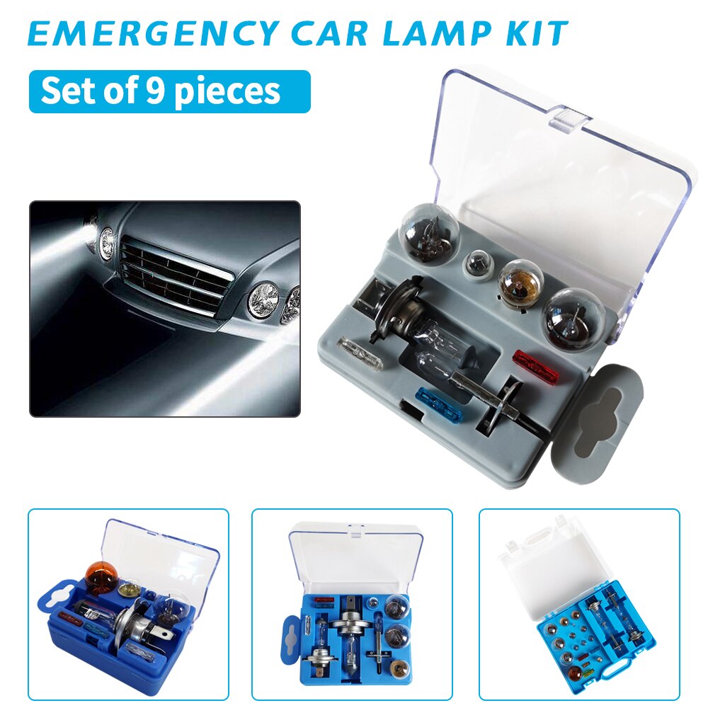 9 Piece Set 12v Combination Set Halogen Bulb Car Lights Emergency H1 H7 Multi-model Travel Emergency Spare Bulb Fuse Kit Box