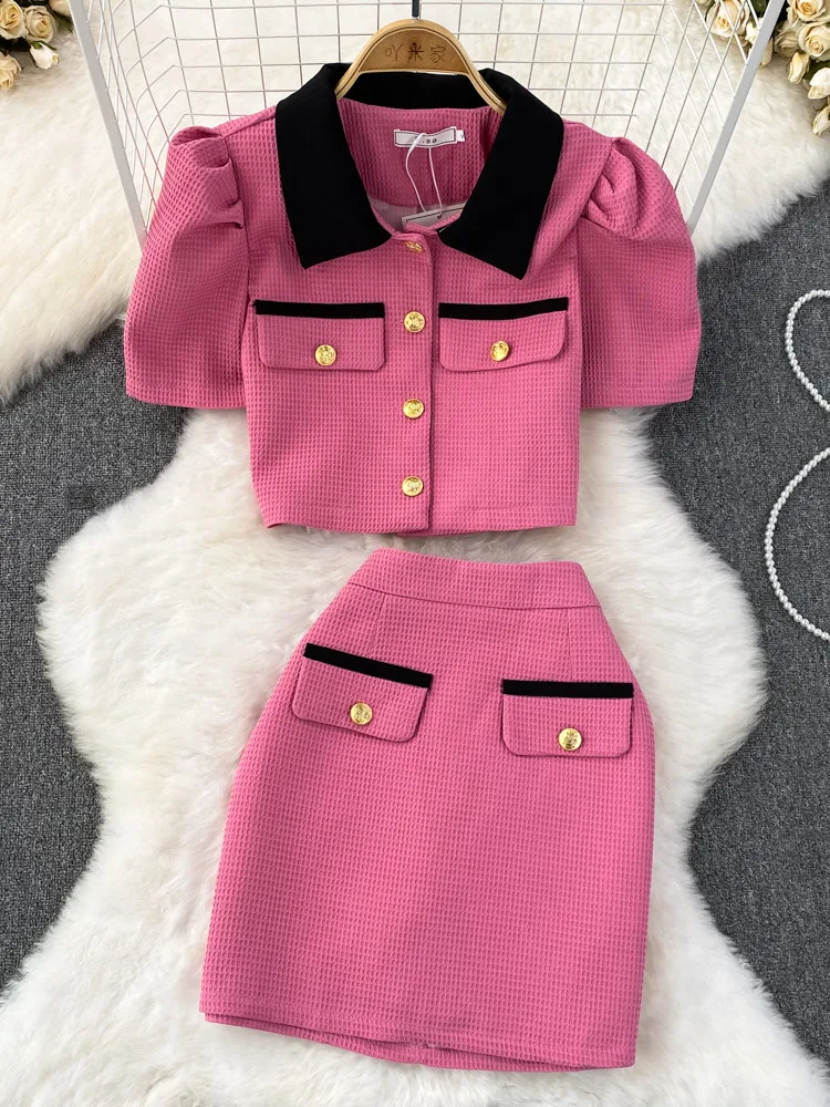 Summer Small Fragrance Fashion Two-piece Set Women's Temperament Bubble Sleeve Contrast Standneck