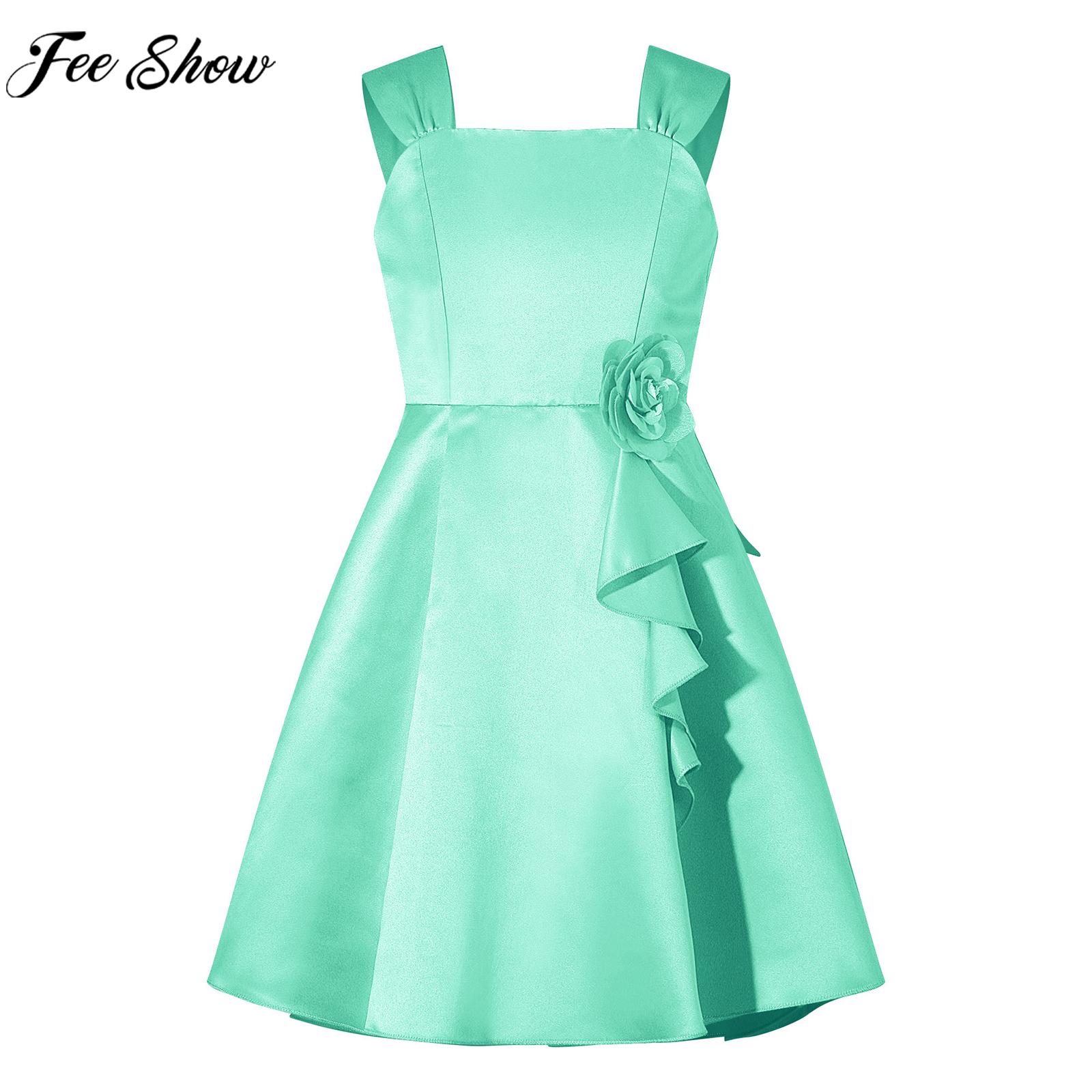 Children Girls Satin A-Line Party Dress Summer Sleeveless Elegant Applique Princess Dresses Wedding Birthday Evening Prom Gown