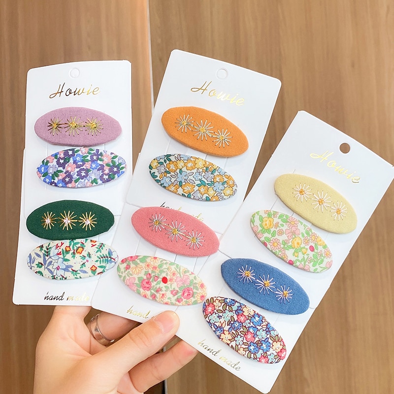 2Pcs Girl Fashion Sweet Hairpin Flower Elegant Simple Fabric Children's Embroidery Hair Clip Oval BB Clip Kids Hair Accesso