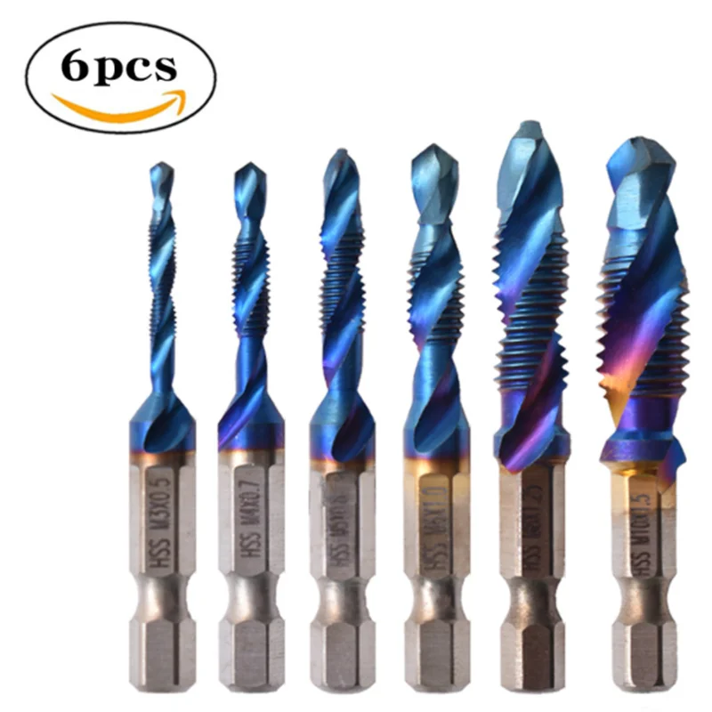 1/6pcs HSS machine screw tap drilling and tapping integrated M3-M10 composite tap hexagonal handle