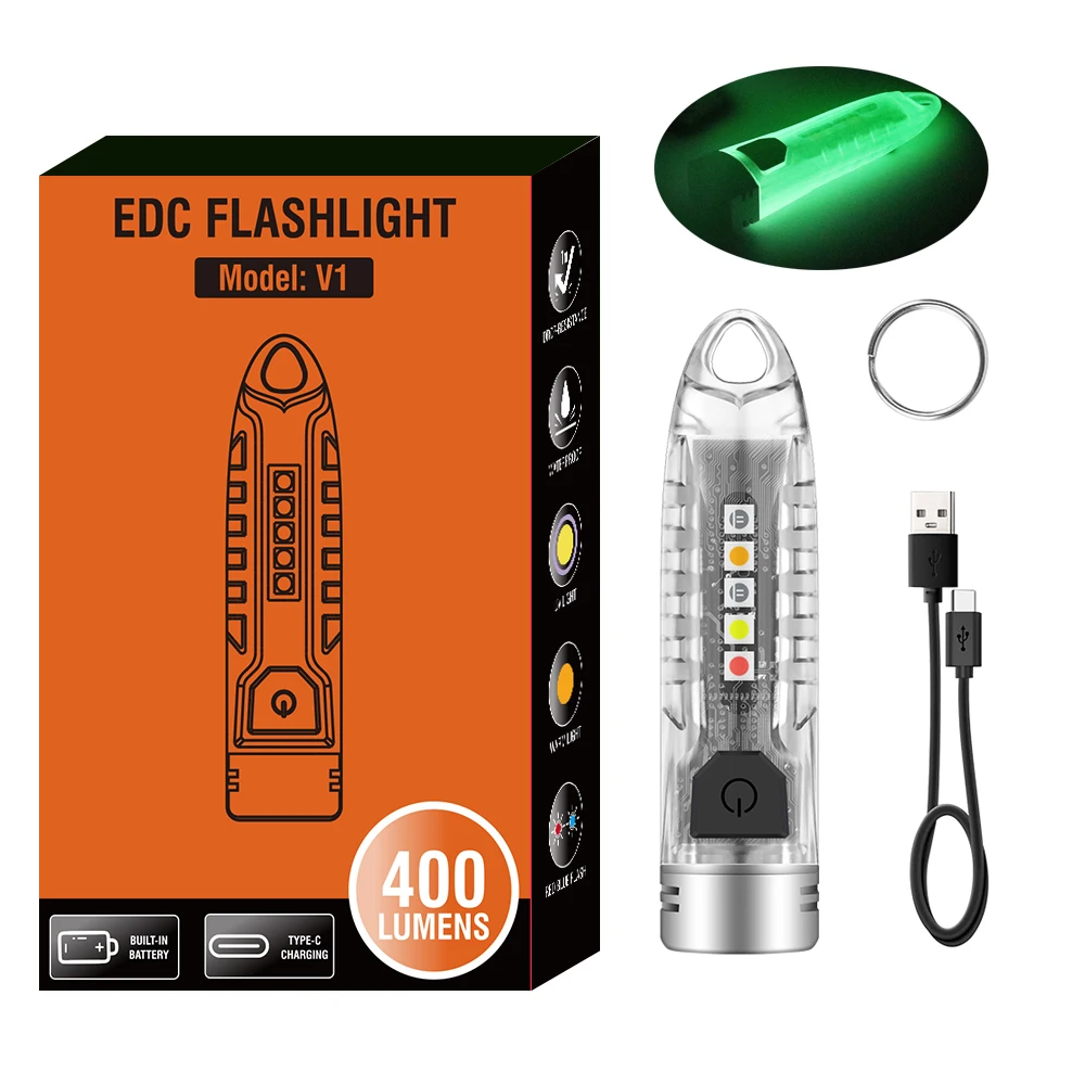 BORUiT V1 LED Keychain Portable Fluorescent Flashlight Work Light Type-C Rechargeable Mini Torch UV
