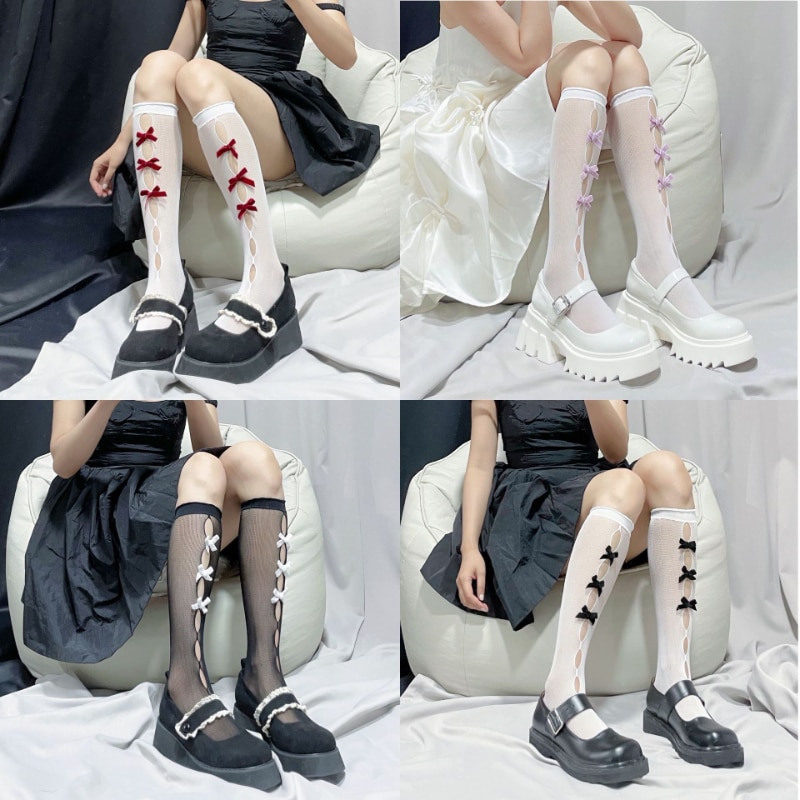 JK Hollow Bow Stockings Black White Lolita Fishing Net Socks High Tube Knee Long Socks Fashion Girls Kawaii Cosplay Sexy Nylon