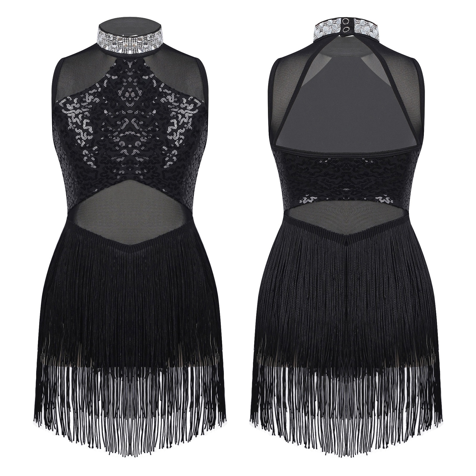 Girls Shiny Sequined Latin Jazz Dance Dress Mesh Tassel Hem Tango Rumba Salsa Ballet Leotard Stage Performance Costume For Kids