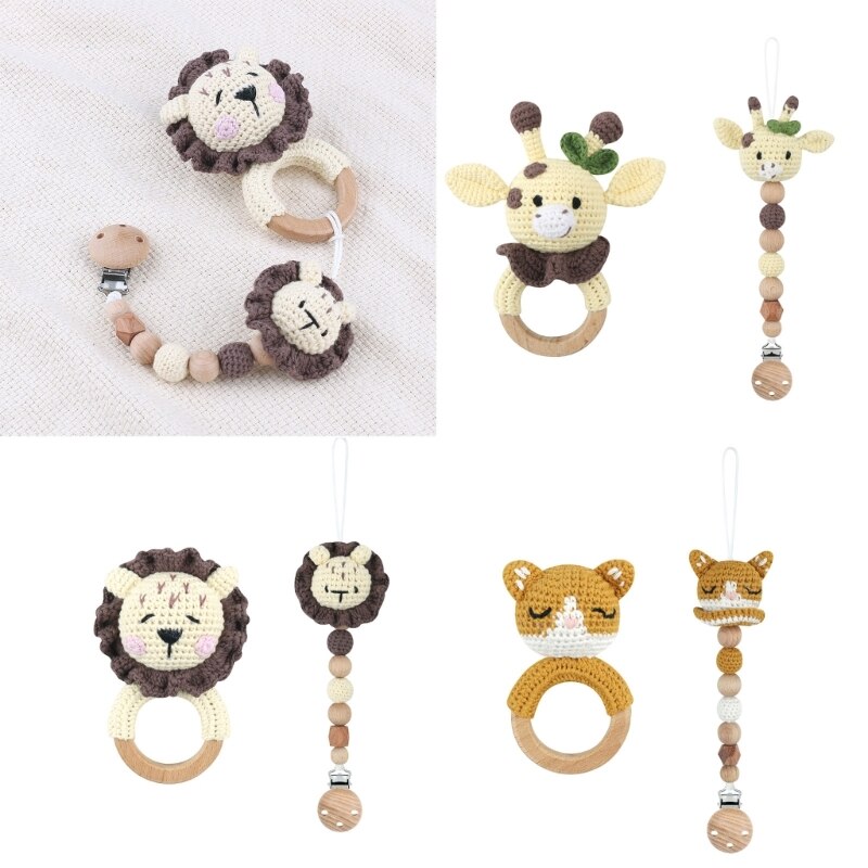 Dummy Clip with Crochet Baby Teether for Baby Wooden- Baby Dummy Clips Teething