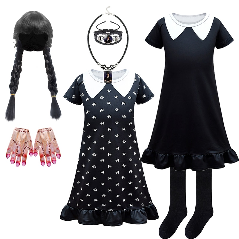 3-12Age Young Girl Lotus Leaf Wednesday Dress Children Addams Sleepwear Floral Print Black Nightgown Kids Home Clothes Nightwear