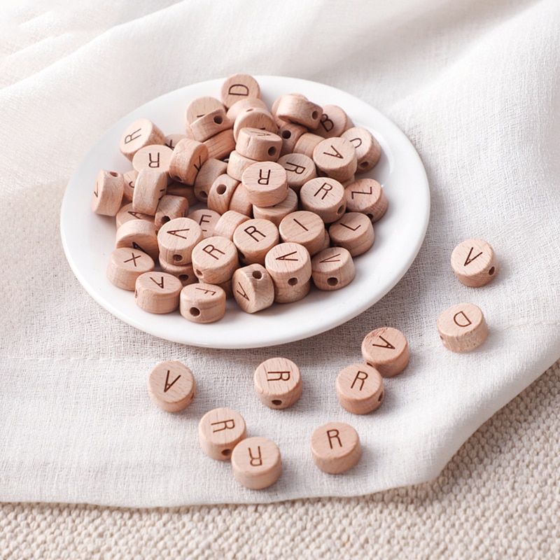 15mm 30pc/lot Baby Wood English Letters Alphabet Beads Teething Round Beads for Pacifier Chain Necklace DIY Accessories BPA Free
