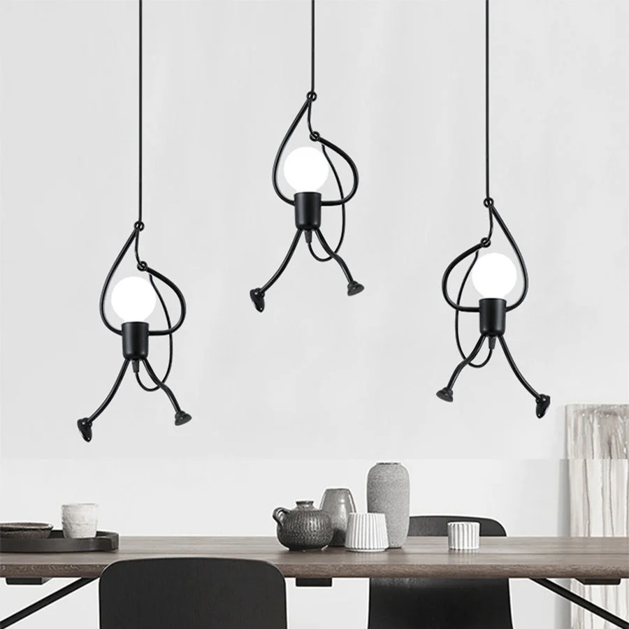 E27 Vintage Iron Little Man Pendant Light Cartoon Chandelier LED Ceiling Lamp Home Living Room