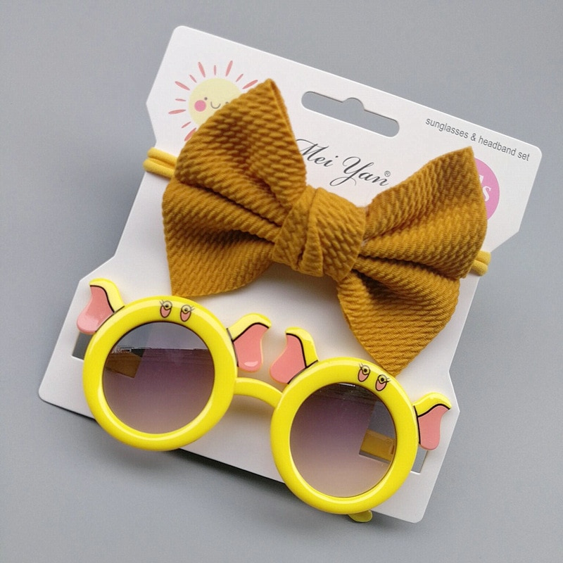 On Sale 2 Pcs Vintage Kids Summer Bows Headband Round Sunglasses Children Sun Glasses Protection Glasses Baby Hair Accessories
