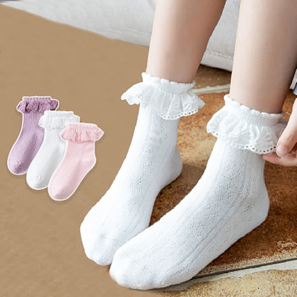 Baby socks female new winter children sokken combed cotton knot pure color princess lace children's socks
