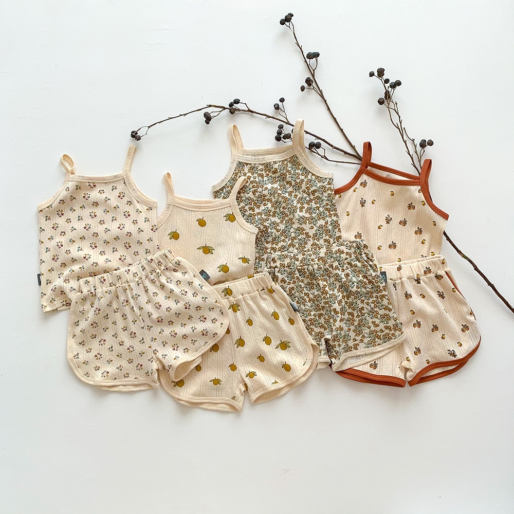 2pcs Baby Pajamas Summer Newborn Infant Toddler Clothes Floral Moon Print Baby Sling Pajamas Shorts Suit Nordic Style Clothes