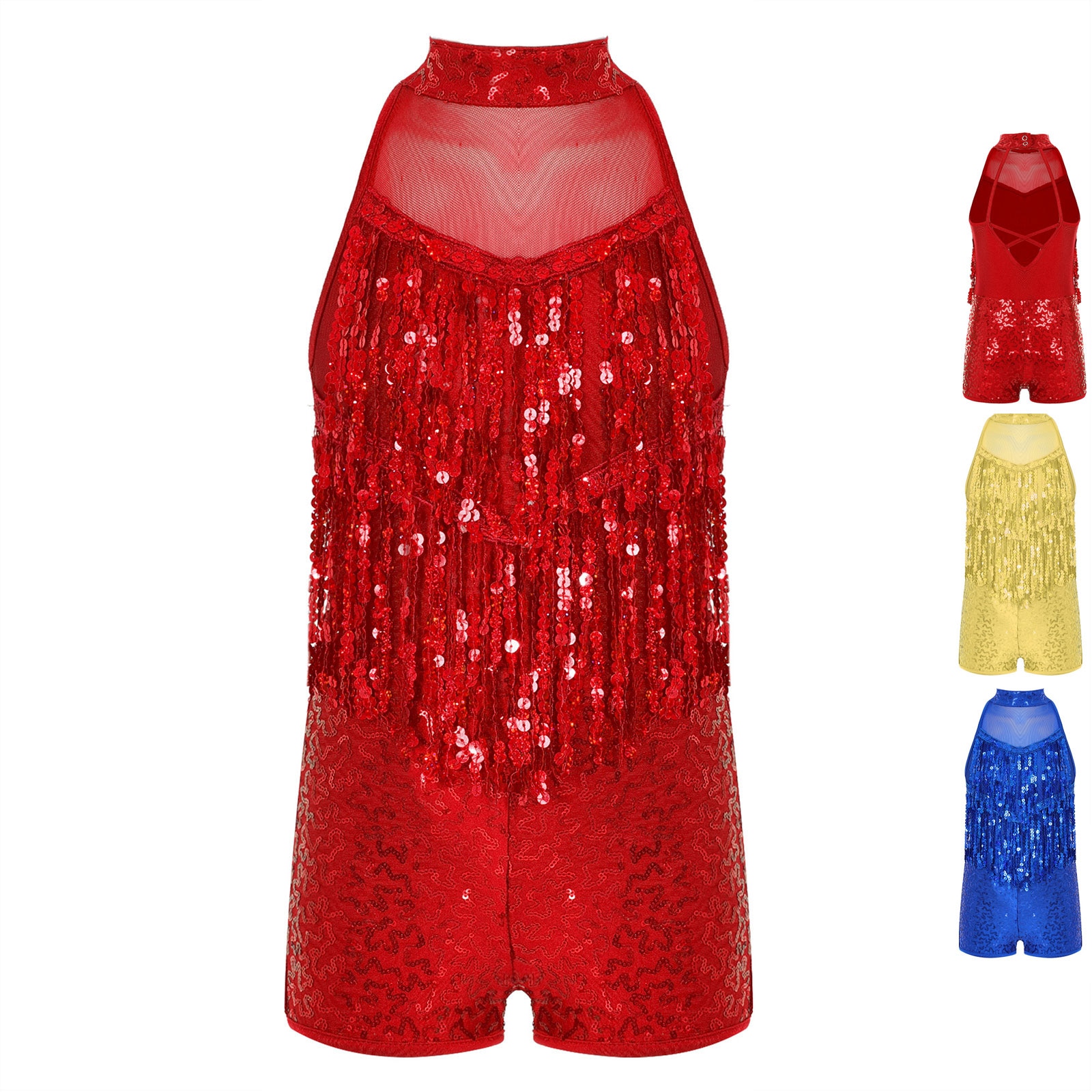 Kids Halter Shiny Sequins Jazz Dance Costume Girls Ballet Leotard Stage Performance Latin Jazz Gymnastics Shorty Unitards Dress