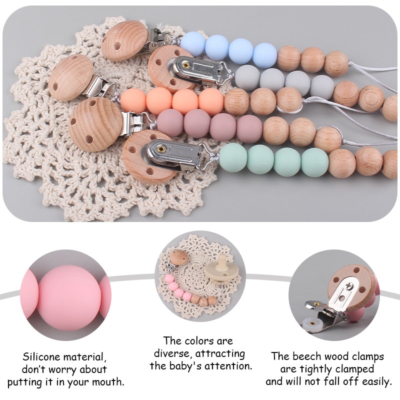 Baby Pacifier Clips Safe Silicone Beech Bead Teethers Dummy Nipple Holder Clip Chian Newborn Teething Toys Accessories BPA Free