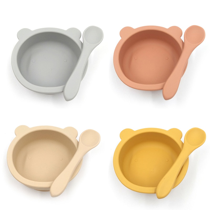 100%Food Safe Approve Silicone Bowl with Suction Children's Tableware Waterproof Training Bowl Spoon Baby Feeding Accessori