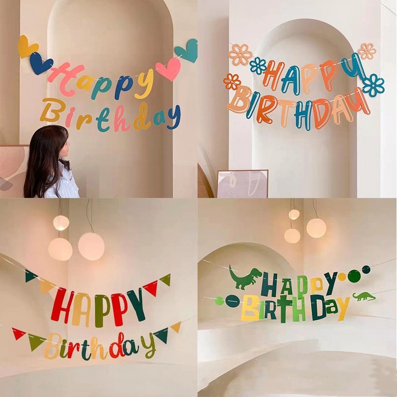 Happy Birthday Banner Paper Bunting Garland Banners Pulling Flags DIY Party Decoration Boys Girl Baby Shower Supplies Decor Gift