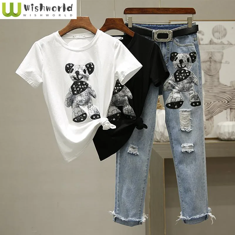 Cartoon Print Short Sleeve T-shirt Perforated Jeans Two Piece Elegant Women's Pants Set Summer