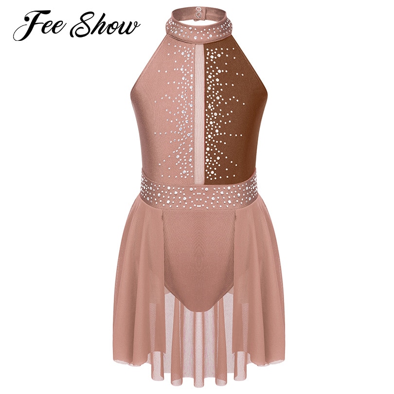 Teens Girls Ballet Leotards Gymnastics Bodysuit Skating Dance Dress Sleeveless Shiny Rhinestone Backless Lyrical Dance Dresses