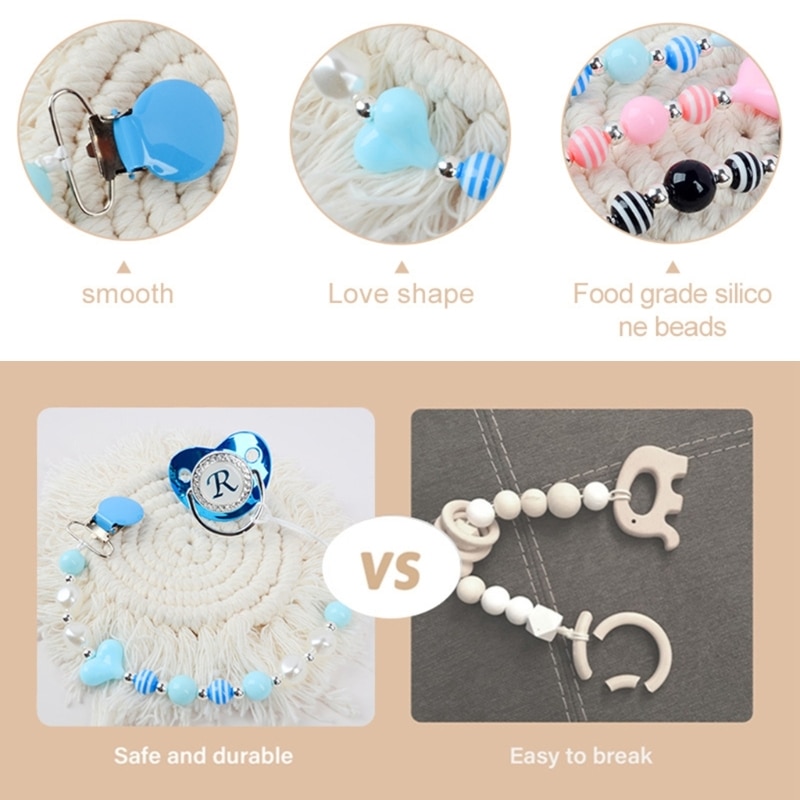Colorful Round Clip Pearl Crystal Anti-Drop Chain Pacifier Chain Holder Teething Clip Newborn Gift for Girls & Boys GXMB