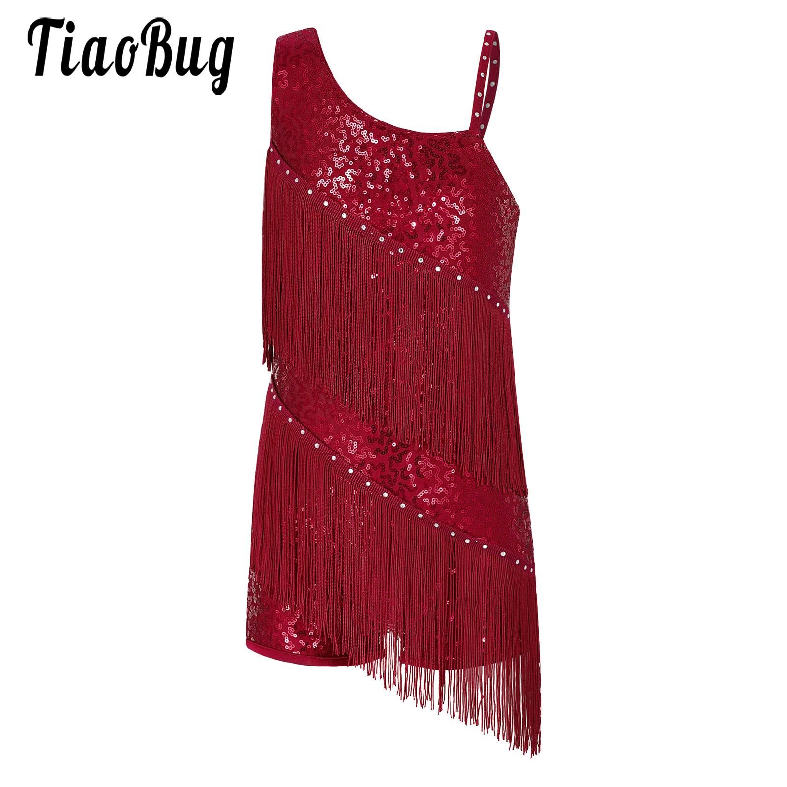 Bodysuit Dance Tassel Children Girls Dance Shiny Sequins Combination Shorts Strapless Jazz Latin Tango Dance Show Party Apparel