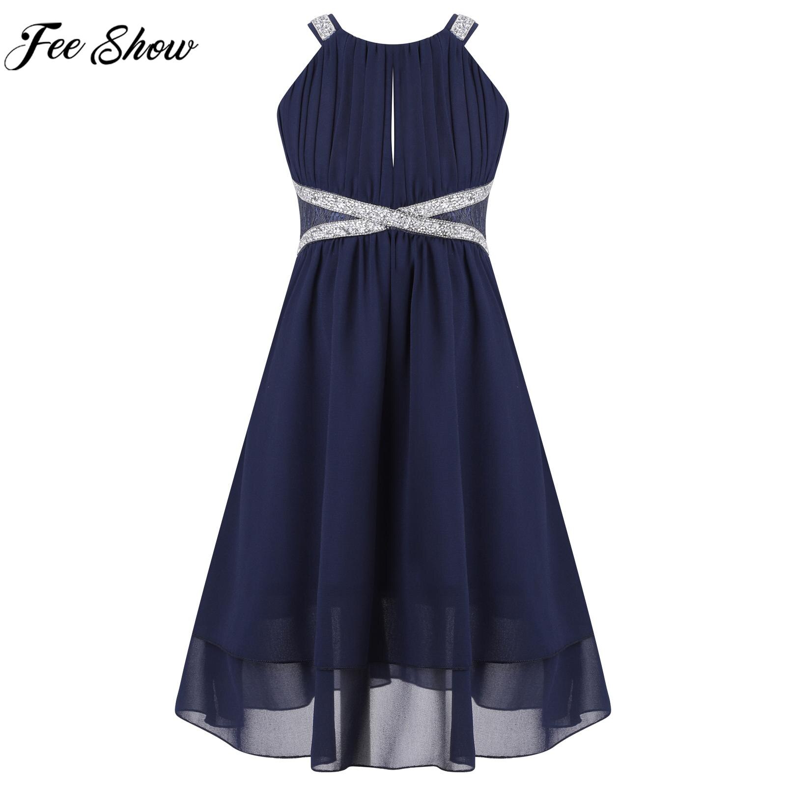 Kids Girls Elegant Chiffon Party Dress Birthday Evening Prom Wedding Flower Girl Dresses Sleeveless Shiny Rhinestone A-Line Gown
