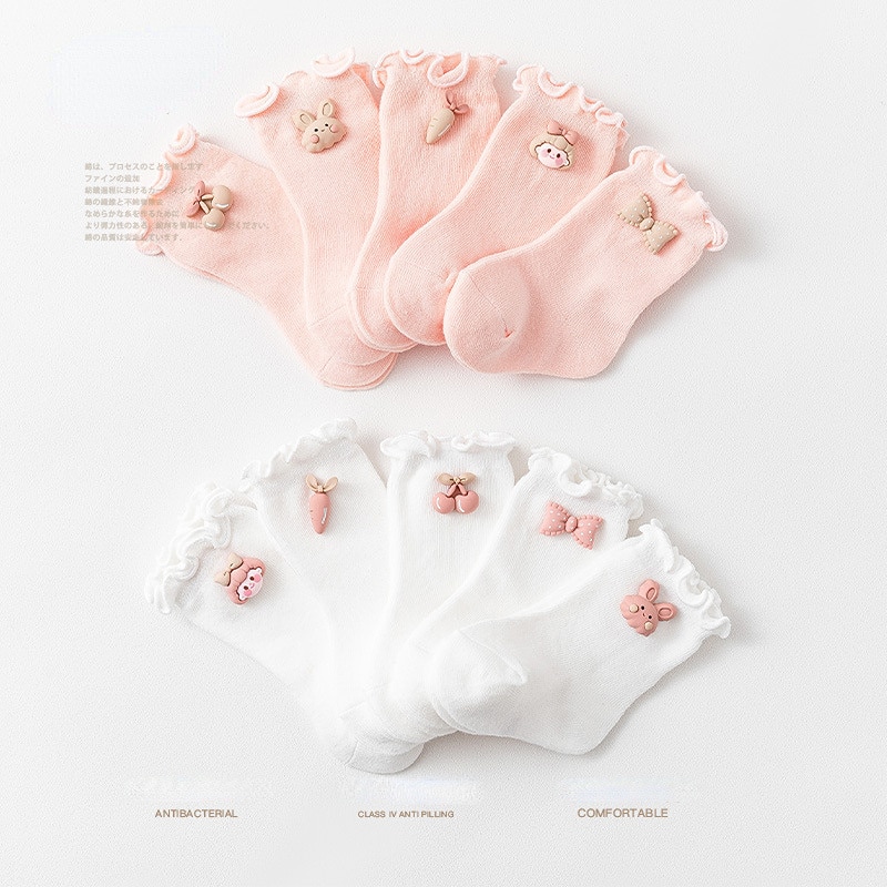 Korean Pink White Princess Ruffle Socks Kawaii Cartoon Middle Tube Loose Socks Newborn Infant Toddler Baby Socks 1-3years Old