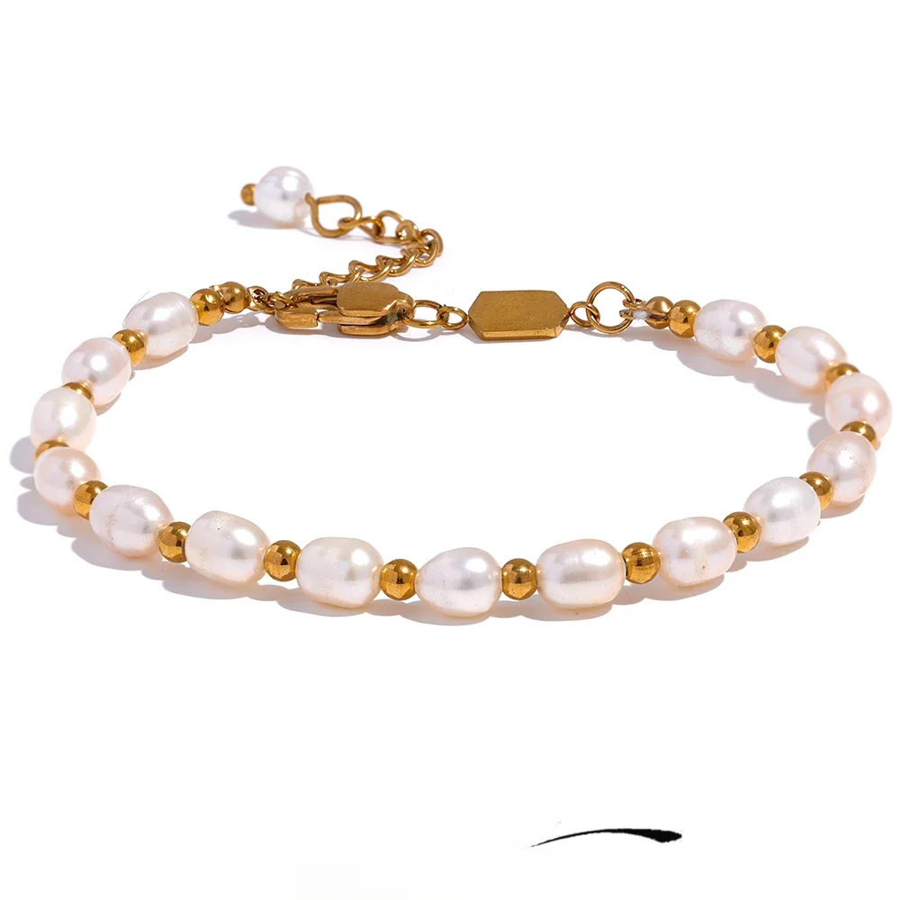Yhpup Natural Freshwater Pearls Fashion Handmade Bracelet Bangle Women Waterproof PVD Charms