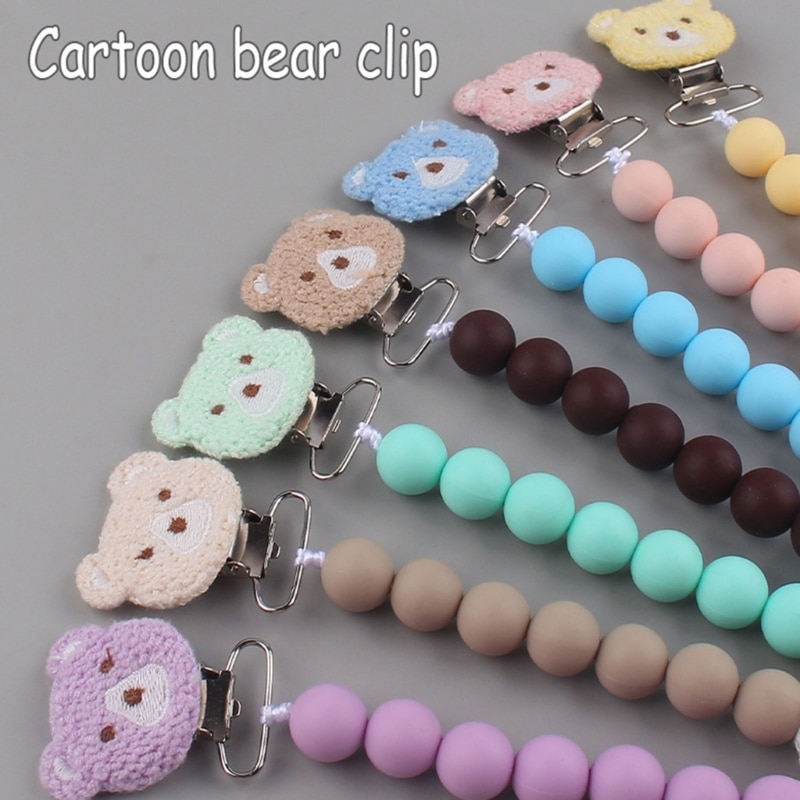 Cartoon Bear Teething Bead Dummy Clip Grade Silicone Pacifier Clip Anti-Lost Soother Chain Baby Chewing Toy Teether