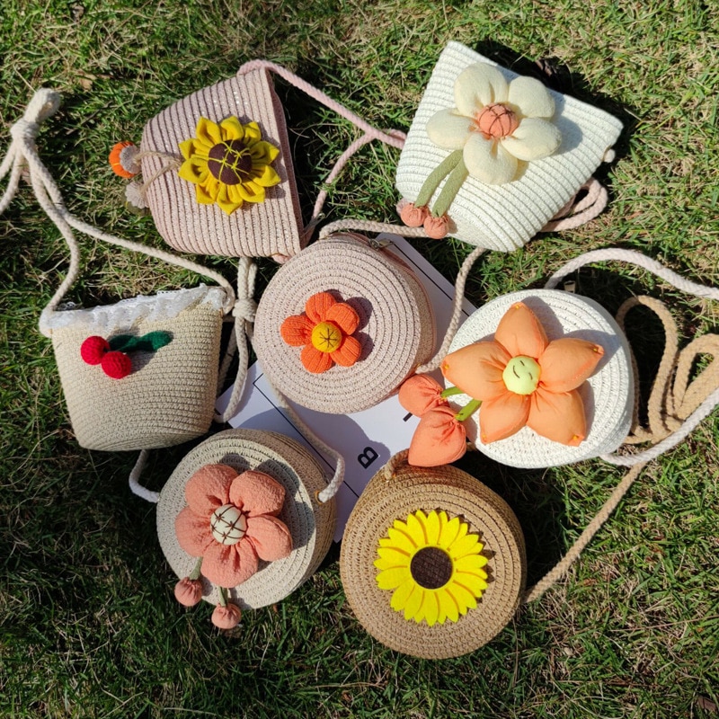Kids Fashion Casual Shoulder Bag Sunflower Cherry Handwoven Flower Bag Mini Flower Messenger Bag Children Accessories