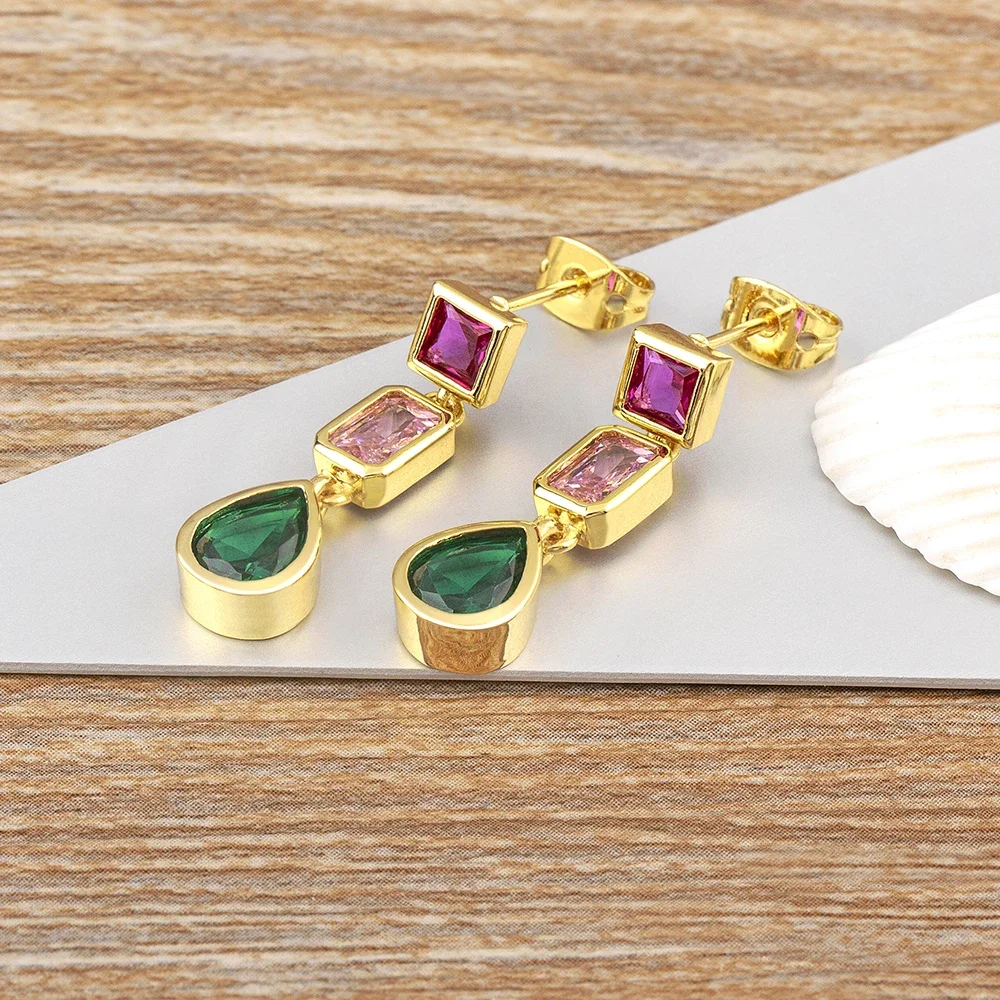AIBEF Bohemian Square Droplet Shape Copper CZ Green Pink Rose Red Women Pendant Earrings Exquisite