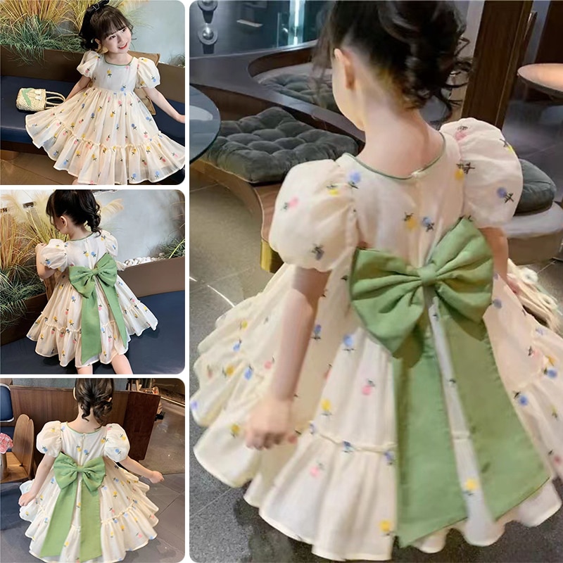 2023 Summer Korean Children Lolita Puff Sleeve Floral Princess Girl Dress + Plus Bow Cute Kids Lotus Leaf Party Elegant Dresses