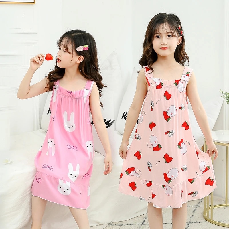 Summer Girls Nightgown Pajamas Kids Short Sleeved Nightdress Cute 100% Cotton Child Baby Sleeping Dress Size 8 10 12 14 Years